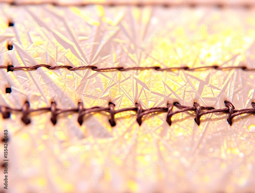 Poster macro of textured paper with brown thread, creating a stitched effect