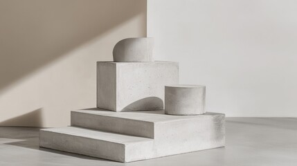 Abstract display of light gray concrete forms.