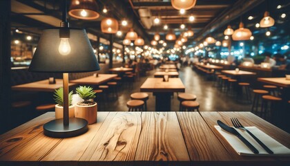 Empty wooden table with lamp on restaurant background