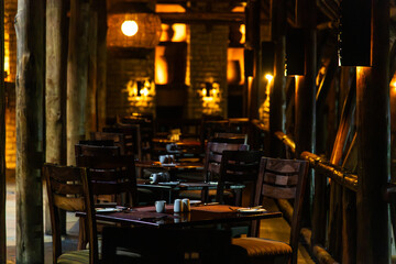interior of the restaurant in the hotel at night