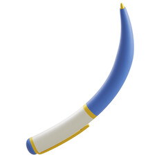 3D illustration of a stylish curved ballpoint pen in blue and yellow, perfect for writing, school, office, and creative stationery needs. Modern design and ergonomic.