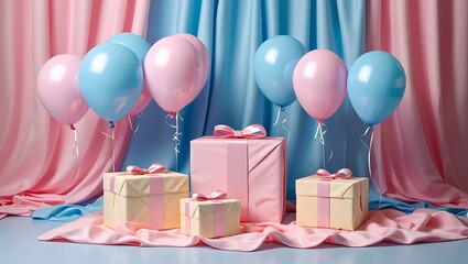 Pink and blue balloons and gift boxes for a gender reveal or baby shower celebration