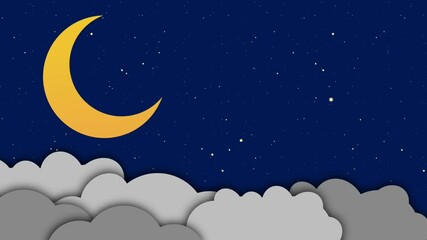 Cartoon crescent moon in starry night sky with flat animation and layered gray clouds.
