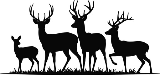 Naklejka premium Deer group silhouette vector set with stag, doe, and fawn for wildlife, forest, and animal illustration