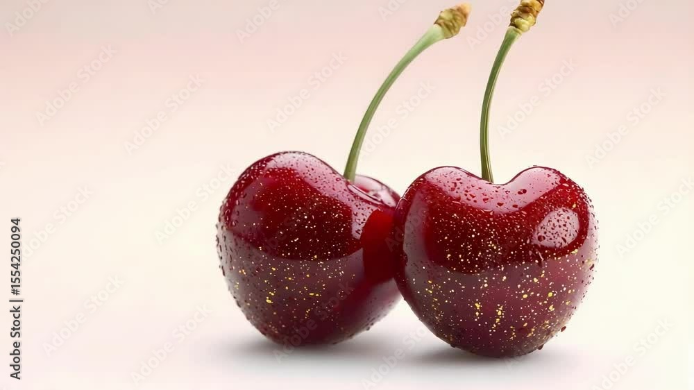 Poster two shiny red cherries with droplets of water on a soft gradient background.