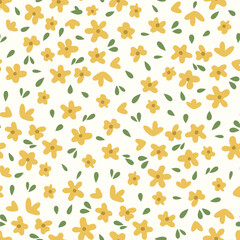 Yellow cute small flowers with green leaf  vector pattern