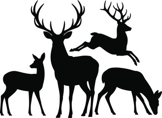 Deer silhouette vector set with running, grazing, and standing deer for wildlife, forest, and animal illustration