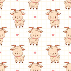 Seamless pattern with Cute Little Goat on white checkered background with hearts. Happy Funny kawaii Farm Animal character. Vector illustration. Kids collection