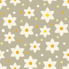 White Big Floral and Multicolored Circles Repeat Vector Pattern 