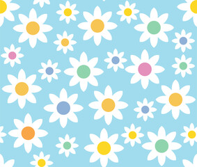 Multicolored Blossoms with Blue Background Repeat Vector Pattern 