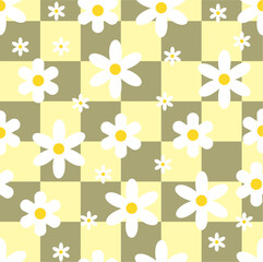 Cute White Blossoms with Big Check Background Repeat Vector Pattern 