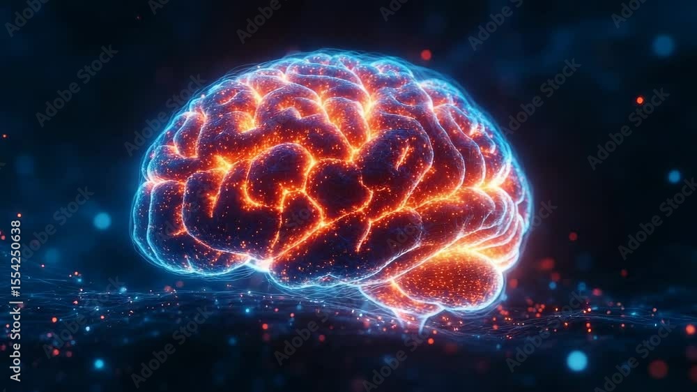 Poster futuristic digital brain network with glowing neural pathways and data