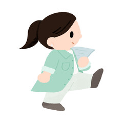 女性が書類をもって笑顔で歩いているデフォルメイラスト