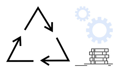 Black triangular recycling arrows beside a stack of books and light blue gears. Ideal for sustainability, process improvement, recycling education, teamwork, eco-consciousness, learning, simple flat