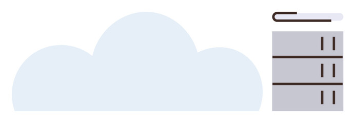 Large cloud shape next to a vertical server rack with multiple tiers emphasizes cloud storage, data management, and technology integration. Ideal for IT, technology, infrastructure, networking, cloud