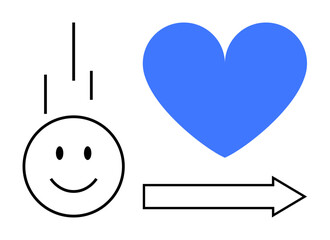 Smiling face with three vertical lines, blue heart, and arrow pointing right. Ideal for emotion, positivity, movement, love, guidance, decision-making simple landing page