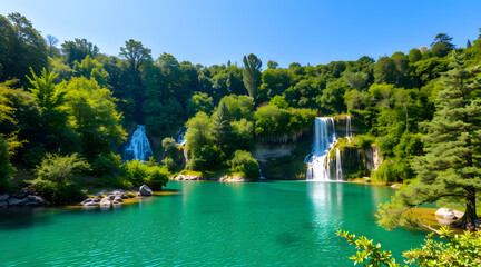 Obraz premium Mystic Falls Hidden Waterfall Cascading Through a Lush Forest