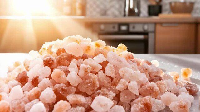 A close-up of pink Himalayan salt crystals on a surface, with a warm sunlight effect in a kitchen setting.