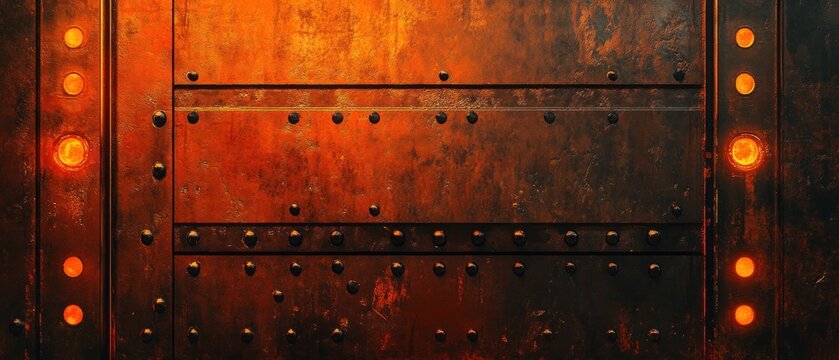 Rusty metal background with rivets and glowing lights, industrial theme