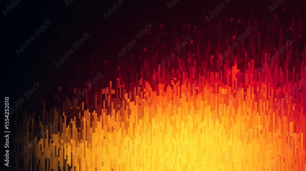 Poster dramatic pixelated background displaying a gradient of dark red and yellow fiery transitions.