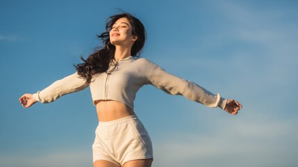 Woman Feeling Freedom Under Blue Sky

