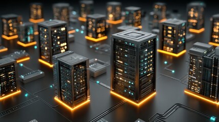 Futuristic server city on circuit board