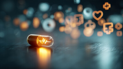 Illustrated heart in a capsule with data visualizations symbolizing medical research breakthroughs and heart disease awareness for healthcare campaigns and pharmaceutical advertising, treatment 