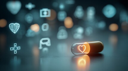 Illustrated heart in a capsule with data visualizations symbolizing medical research breakthroughs and heart disease awareness for healthcare campaigns and pharmaceutical advertising, treatment 