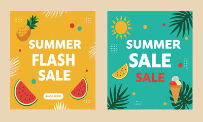 Editable double frame summer flash sale vectors with fun fruit illustrations, perfect for product showcases or digital advertising