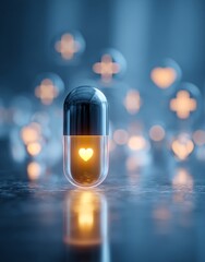 Illustrated heart in a capsule with data visualizations symbolizing medical research breakthroughs and heart disease awareness for healthcare campaigns and pharmaceutical advertising, treatment 