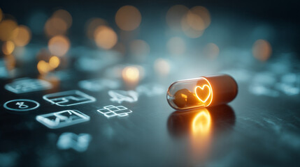 Illustrated heart in a capsule with data visualizations symbolizing medical research breakthroughs and heart disease awareness for healthcare campaigns and pharmaceutical advertising, treatment 