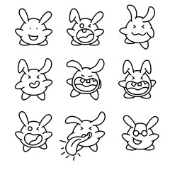 A collection of cute cartoon characters displaying different facial expressions, including happiness, anger, and cheekiness. These playful figures have large ears and are drawn in a simplistic style.