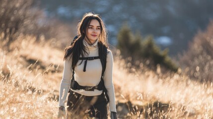 Woman Hiking in Sunny Autumn Landscape


