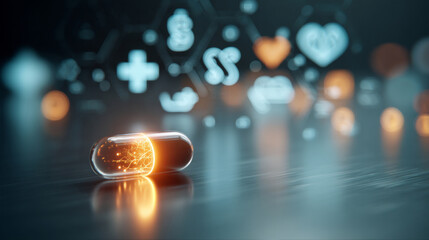 Illustrated heart in a capsule with data visualizations symbolizing medical research breakthroughs and heart disease awareness for healthcare campaigns and pharmaceutical advertising, treatment 