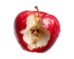A red apple core, half-eaten with no skin isolated on a transparent background
