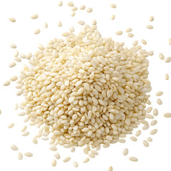 An overhead view of a small heap of white sesame seeds for cooking and garnishing isolated on a transparent background png