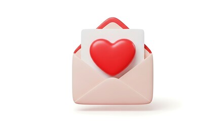 An open envelope with a red heart on a white card inside on a white background