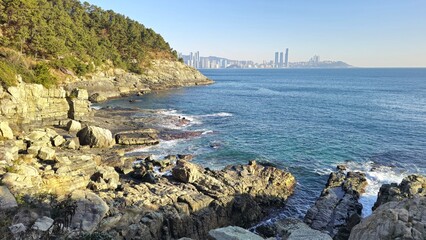 A beautiful seaside with cliffs and city view in Busan, South Korea