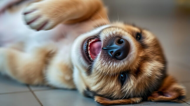 Adorable fluffy puppy playing on its back with a happy expression perfect for wall art or wallpaper backgrounds