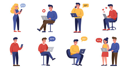 People Using Technology Flat Art Isolated on White Background