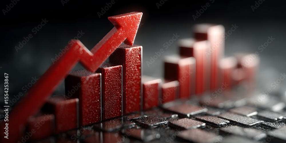 Poster red upward arrow and bar graph symbolizing growth on a dark background