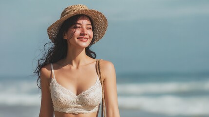 Woman in Straw Hat Smiling on Beach

