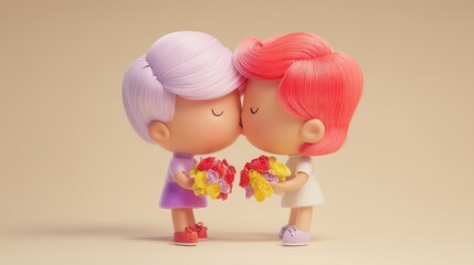 Fototapeta premium Cute 3D Cartoon Girls Hugging with Colorful Flowers Vector Illustration