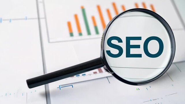 Keyword SEO and analytics concept. A magnifying glass highlights the word "SEO" over colorful bar graphs, symbolizing analysis and optimization.