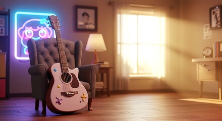 3d cute cartoon, acoustic guitar leaning on chair in cozy room, subject on left under neon lights, radiant style with copy space on right.