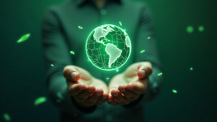 Glowing Digital Globe with Global Network Connections Floating in Open Hands – Futuristic Technology Concept