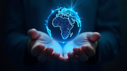 Glowing Digital Globe with Global Network Connections Floating in Open Hands – Futuristic Technology Concept