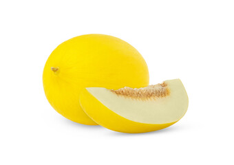 Yellow honeydew melon and separated slice isolated
