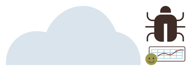 Cloud with bug illustration, performance chart showing upward trajectory, and smile icon. Ideal for technology, software development, cloud systems, debugging, performance optimization, data
