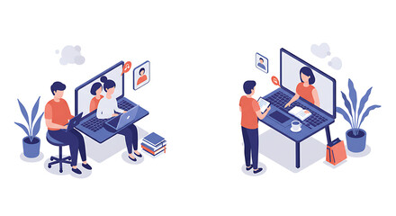 Obraz premium Isometric Virtual Meeting Online Conference. isolated on white background